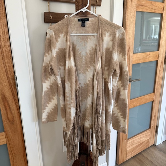 INC International Concept Soft Tan and Cream Fringed Open Cardigan Women’s M GUC - Picture 10 of 11
